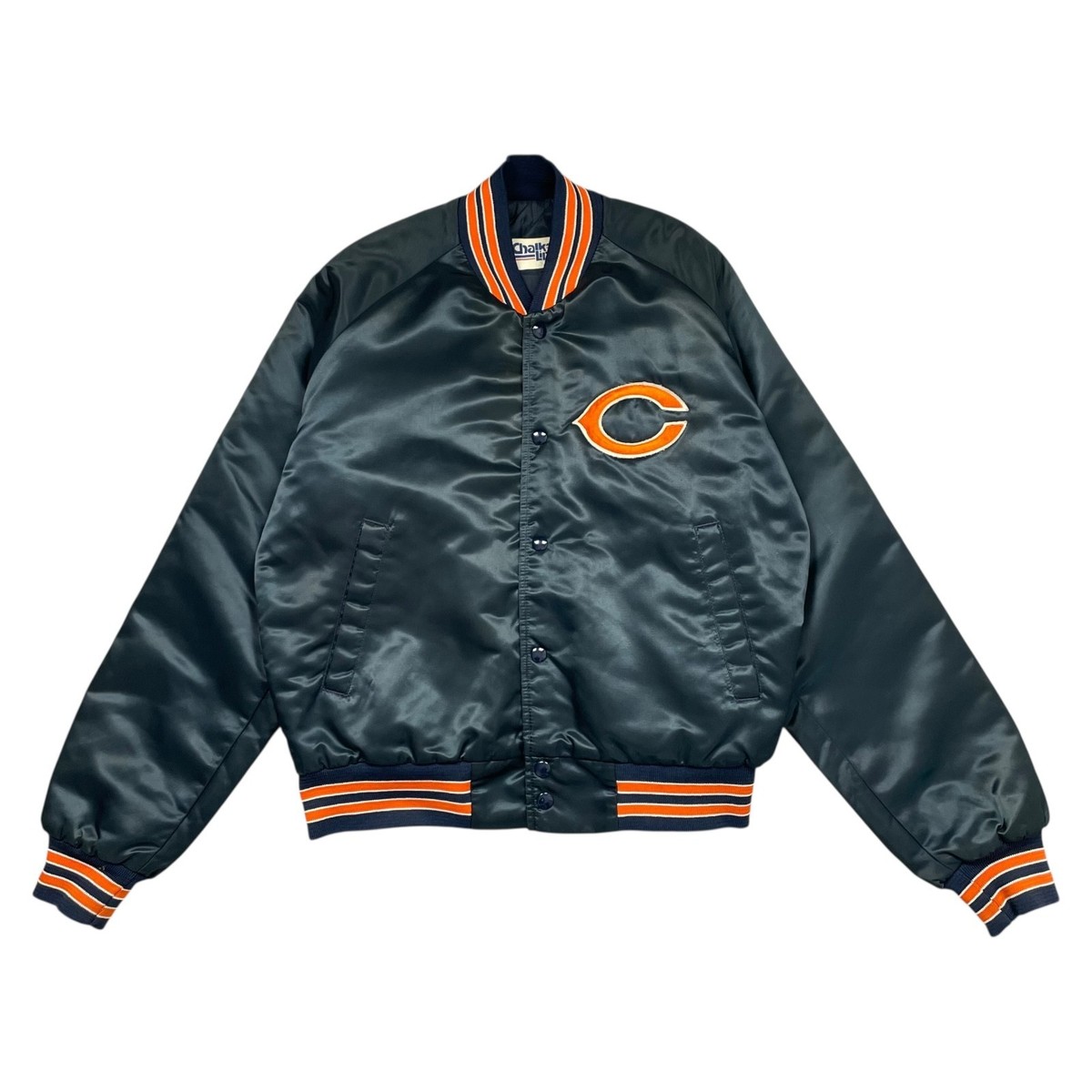 VTG 80s NFL CHICAGO BEARS CHALK LINE SATIN JACKET SPELL OUT MADE