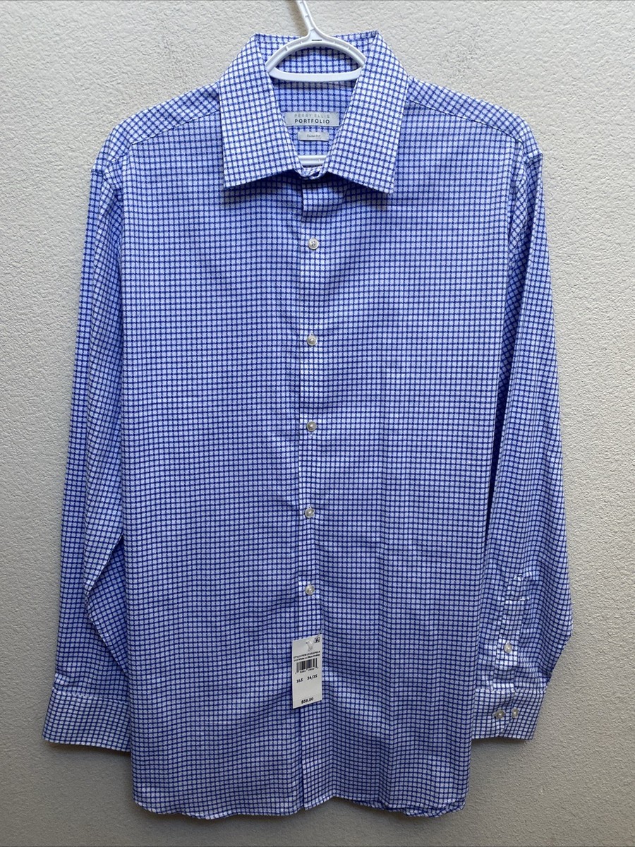 NEW Perry Ellis Portfolio Men's Dress Shirt Slim Fit Size 16.5 NWT Blue  White | eBay