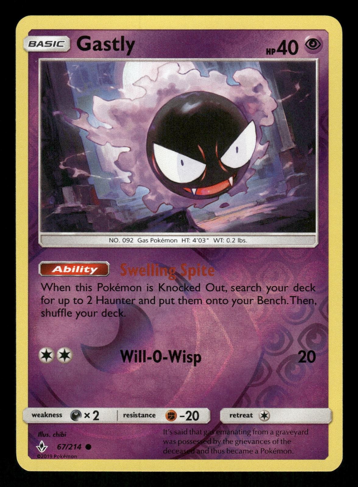 Gastly 67/214 NM Common Reverse Holo Unbroken Bonds 2019 Pokemon TCG