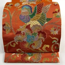 Japanese Silk Fukuro obi Reddish brown Foil Excellent Gold and silver thread 281