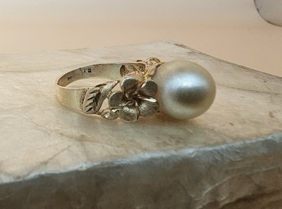 Nachlass 14K Gold Südseeperlen Ring Größe 8 - große 11-12 mm Perle, floral...