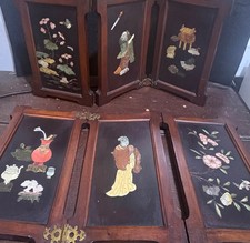 Antique Chinese miniature screens wood & hard stones 6 panels