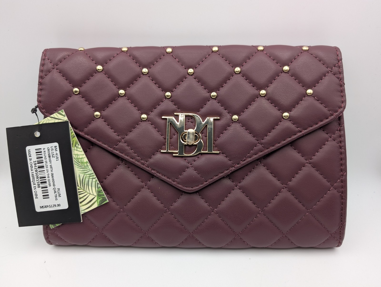 Badgley Mischka Crossbody Plum Vegan Leather Quilted Studded Chain Bag NWT