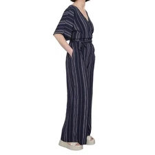 SIENNA SKY Womens Jumpsuit Size L Navy Blue Striped Wide Leg Lined Shorts