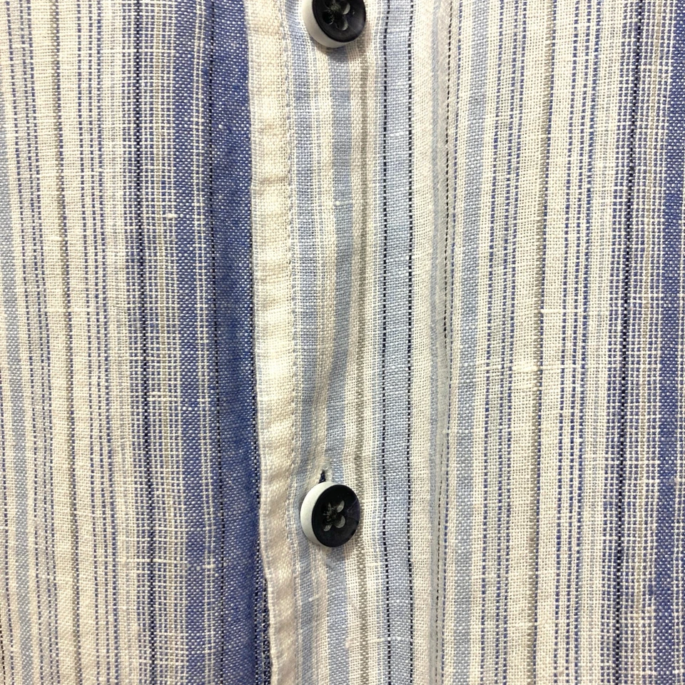 Camisa de vestir Tasso Elba de lino algodón azul blanco a rayas manga larga con botones Foto 4 de 4