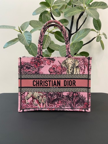AUTH Dior Medium Book Tote Pink Toile De Jouy Jungle Jacquard Canvas Handbag