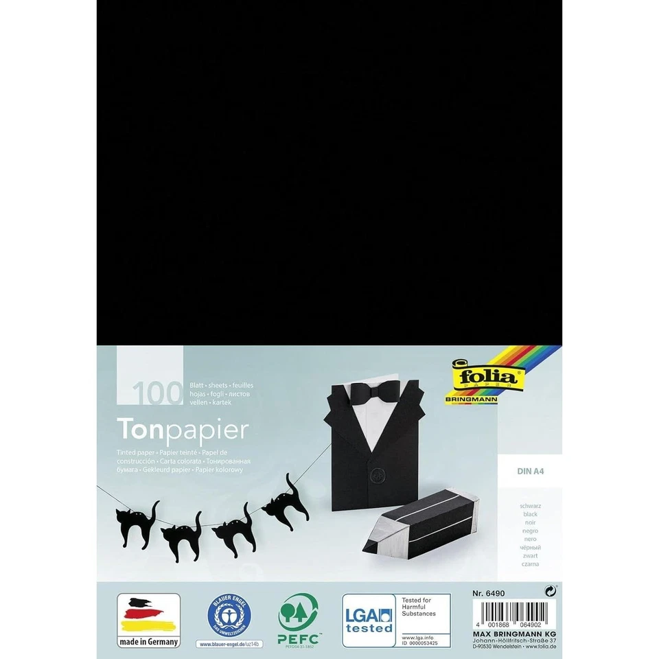 [6490] folia Pack 100 Feuilles Papier de Couleur A4 130g Noir - Photo 1/1