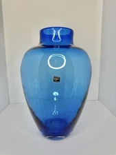 Vintage MCM Blenko Glass 8821L Vase In Cased Azure 13.5” W/label Stunning
