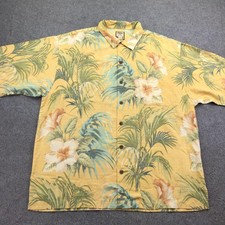 Tommy Bahama Shirt Mens XL Yellow Floral Silk Short Sleeve Hawaiian Button Up