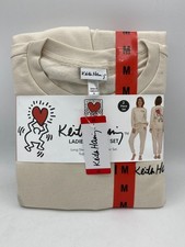 Keith Haring Women's Soft Fleece Lounge Set Long Sleeve Crew  Joggers Cream M