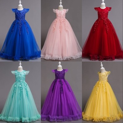 Elegant Girl Flower Dresses Lace Long Kaftan Kids Clothing Princess Party Dress