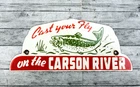 VINTAGE on the CARSON RIVER 8x3.5" PORCELAIN FISHING GAS OIL PUMP STATION SIGN