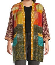 JOHN MARK OPEN FRONT KIMONO WOVEN 3/4 SLEEVE MIXED PATCHWORK PRINT MLTCLR SIZE L
