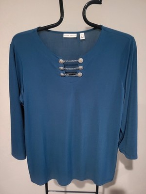 Susan Graver Chain Detail Liquid Knit 3/4 Sleeve Large Teal Blue A696200 NWOT
