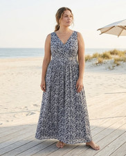 LRL Ralph Lauren Tropical Leaf Georgette Belted Maxi Gown Womens 16 Navy V Neck