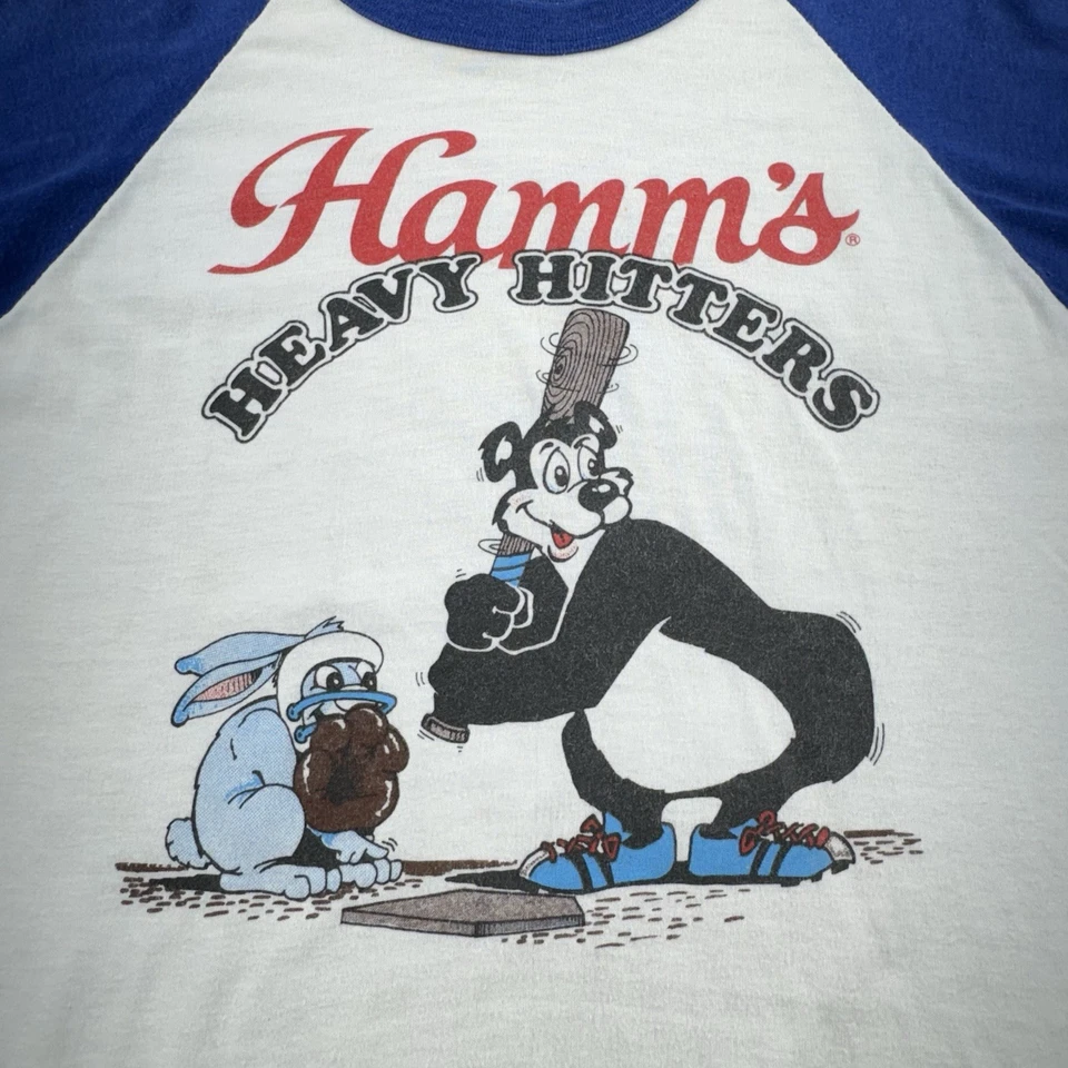 Camisa Hamms De Colección Para Hombres L Blanca Azul Heavy Hitters Softbol Oso Cerveza Jersey Foto 4 de 4