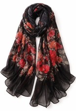 Black Floral Chiffon Scarf for Women, Lightweight Sheer Shawl Wrap, Elegant Red