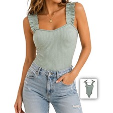 Green Ribbed Bodysuit Square Neck Ruffle Strap Fitted Stretch Chic Everyday M