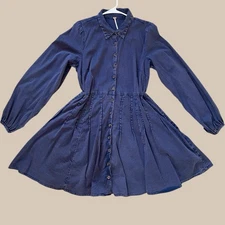 Free People Denim Babydoll Shirt Dress Blue Button Front Long Sleeve Mini Sz S/M