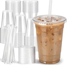 100 Pack 16oz Clear Plastic Cups with Lids and Straws