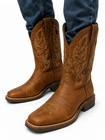 Men's Genuine Cowhide Leather Square Toe Cowboy boots Handcrafted