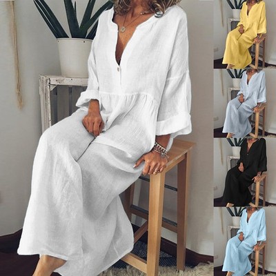 Übergröße Damen Baumwolle Leinen Maxikleid Urlaub Freizeit locker Kaftan Homewear