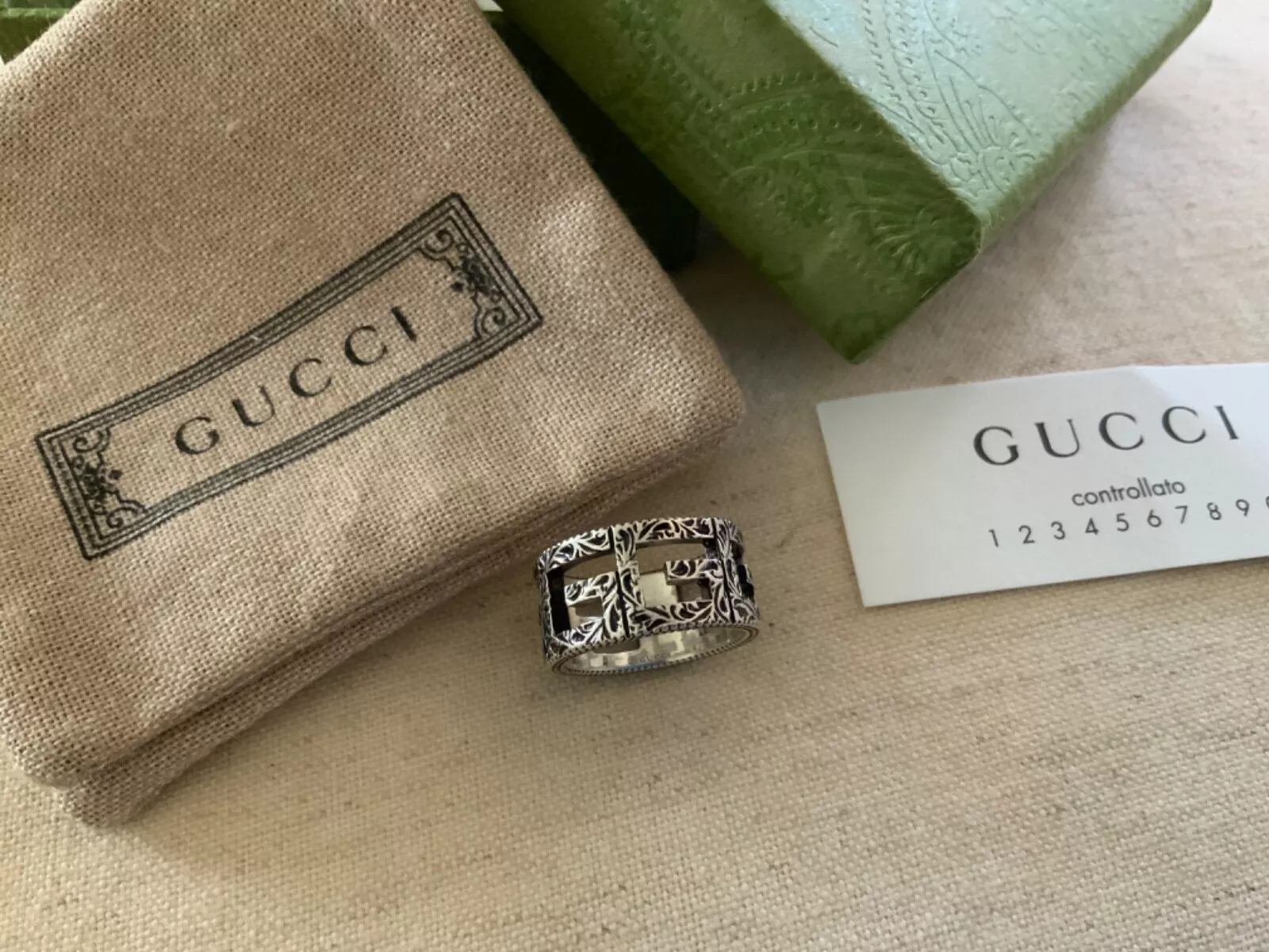 Bague GUCCI neuve avec boîte/pochette argent sterling 925 taille 6,5/7 bracelet argent GG taille 14