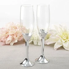 Simple Elegance Classic Silver Glass Stem Champagne Toasting Flutes Set of 2