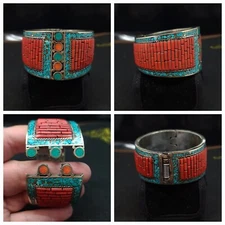 138.90 Gm Vintage Nice Coral Turquoise Tibetan Nepalese Spring Bangle Cuff