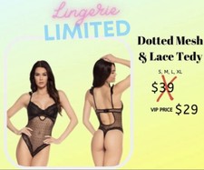 Pure Romance 1X Black Dotted Mesh and Lace Teddy Lingerie New In Sealed Bag