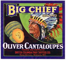 Genuine Melon Crate Label Canada Big Chief Indian British Columbia C1930 Vernon Genuine Melon Crate Label Canada Big Chief Indian British Columbia C1930 Vernon