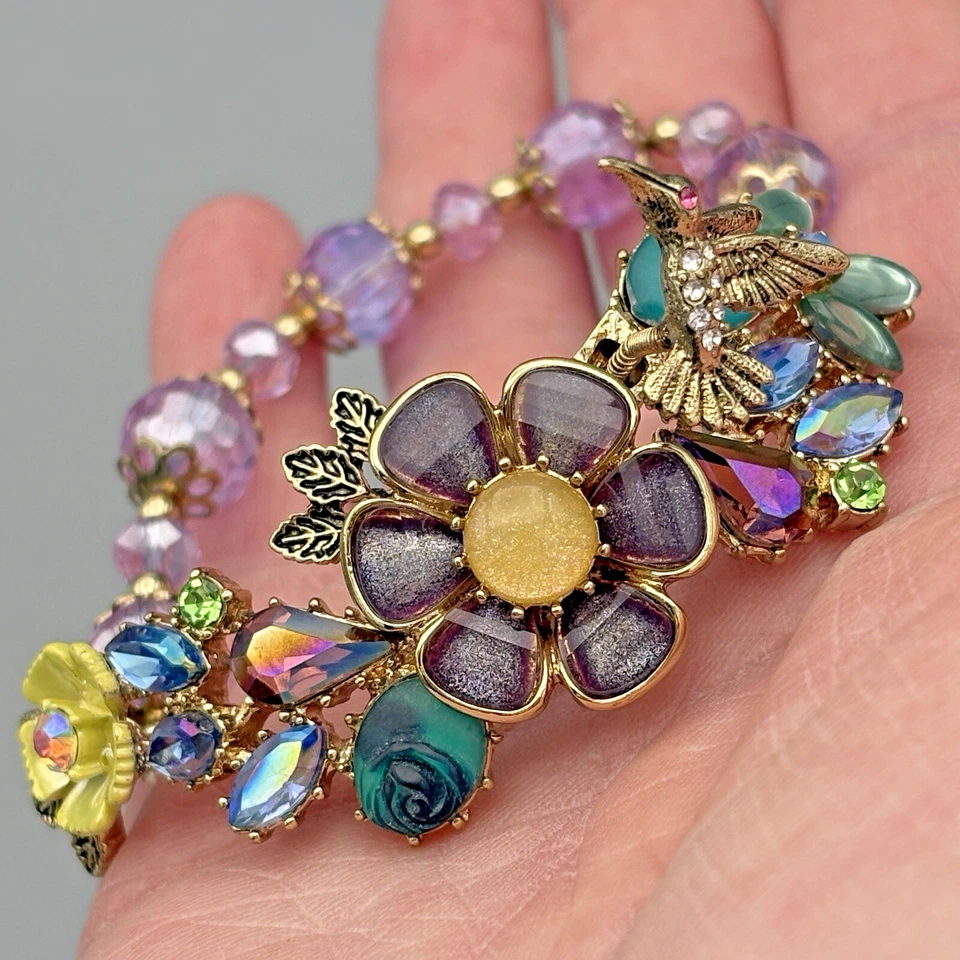 Betsey Johnson Hummingbird Flower Bracelet 7" Spring Ahead Trembler Vintage - Image 3 of 4