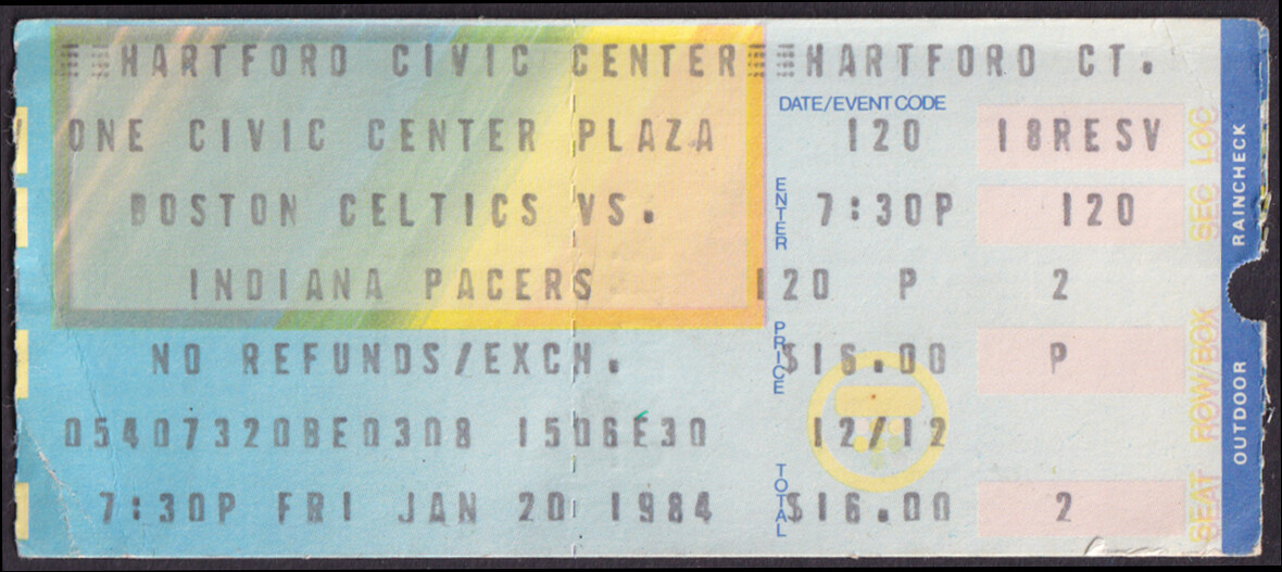 Indiana Pacers vs Boston Celtics Hartford Civic Center stub 1/20 1984