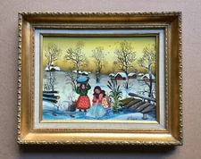 Great primitive Eastern European painting By Edith Simon on Masonite Board.