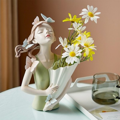Sculpture Butterfly Girl Flower Vase Figurines Resin Tabletop