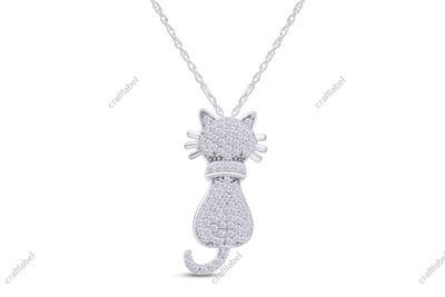 1/3ct Natural Round Diamond Cat Pendant 18'' Necklace in 925 Sterling Silver
