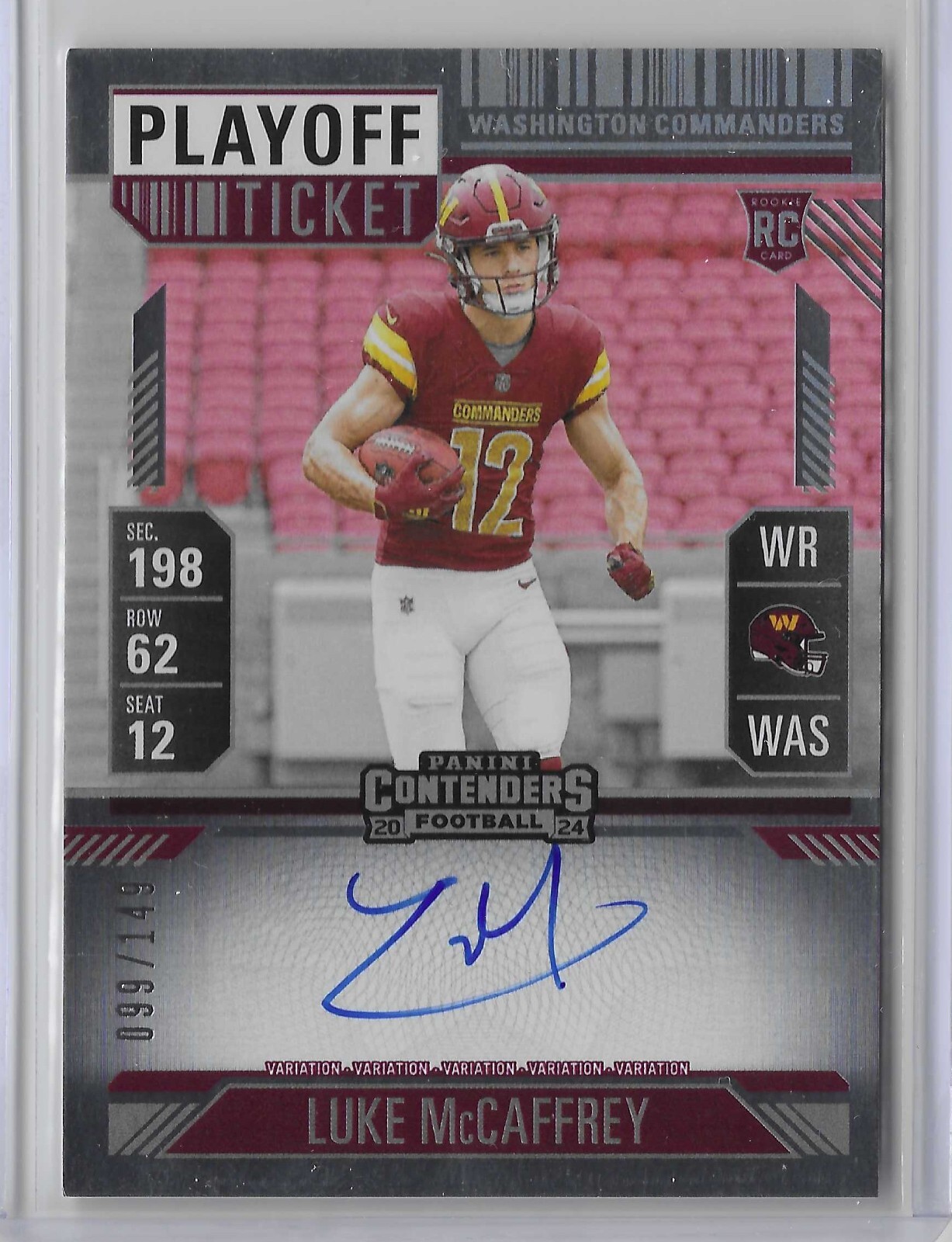 2024 Panini Contenders Luke McCaffrey Playoff Ticket Variation Auto RC 99/149