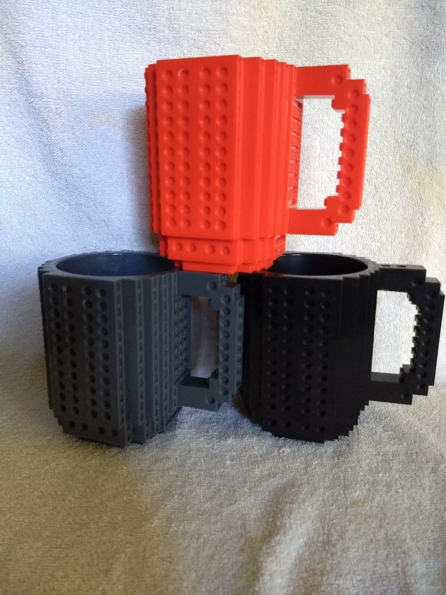 Think Geek Build On Brick, 3 Mugs, Tea/Coffee Cup Lego Gray, Red, Black