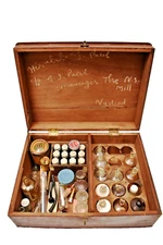 Antique Wooden Medical Apothecary Box with Glass Bottles & Instruments India Old