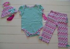 Girl Baby Gear 4 Pc Polka Dot Chevron Hat Socks Bodysuit & Pants Outfit Sz 6-9M