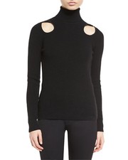 TOM FORD Pique Knit Cutout Cold Shoulder Turtleneck Sweater Wool Leather Black M