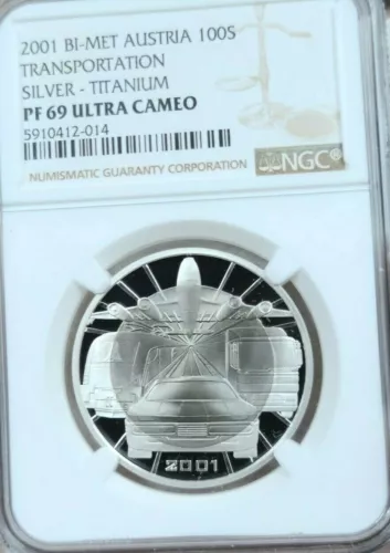 2001 AUSTRIA 100 SCHILLING SILVER TITANIUM TRANSPORTATION NGC PF 69 ULTRA CAMEO