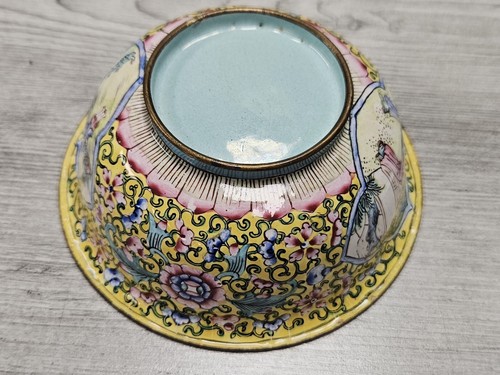 Antique Chinese Enamel Hand Painted Plate Bowl Floral Figural Design 19 Century - Picture 9 of 10