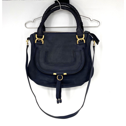Chloe Marcie Medium Satchel Graphite Nubuck Navy Blue Leather Crossbody Bag