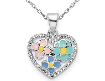 Sterling Silber Herz farbige Blume Anhänger mit Kette