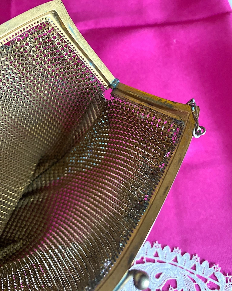 Excelente Bolso de Mano Grande ANTIGUO 1920 Malla Esmaltada DECO Aleta Cartera Aqua Grande Foto 4 de 4