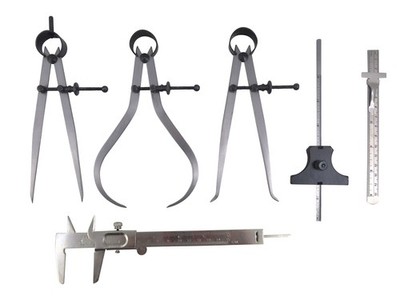 6 Piece Measuring Set/Kit with 6'' Spring Dividers, Inside & Outside Calipers,...