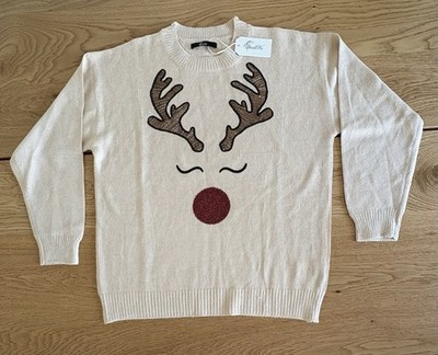 NWT ShallWe Christmas Reindeer Knit Sweater Women s Size M Holiday Beige Cute