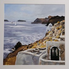 Gouache paysage Mykonos Grèce - signé Bruno Richard - peinture fonds d'atelier