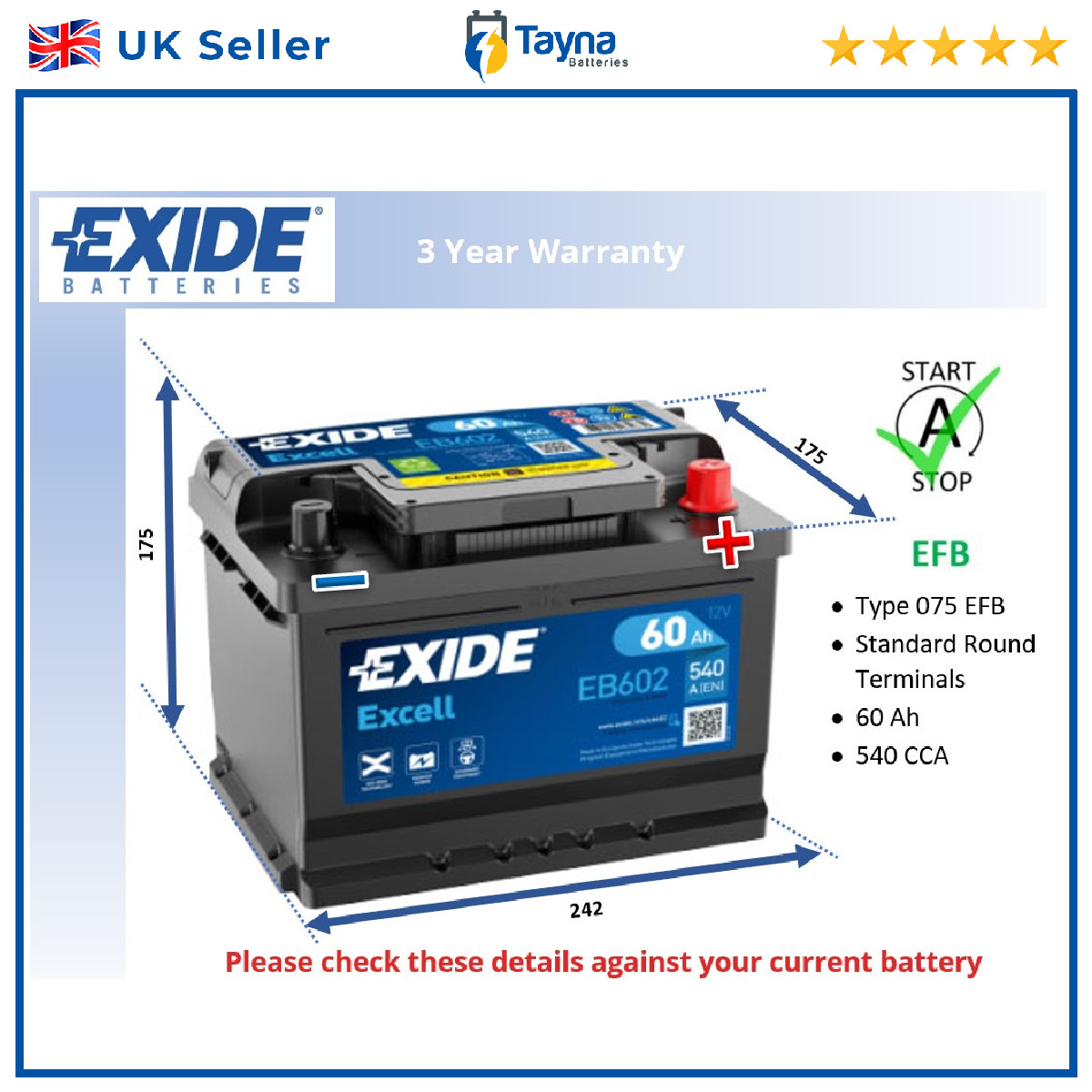 Battery fits NISSAN MICRA NV200 NOTE ALMERA PRIMERA KUBISTAR Exide 075